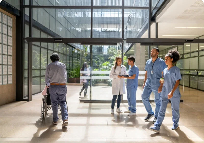 Healthcare professionals in hospital lobby